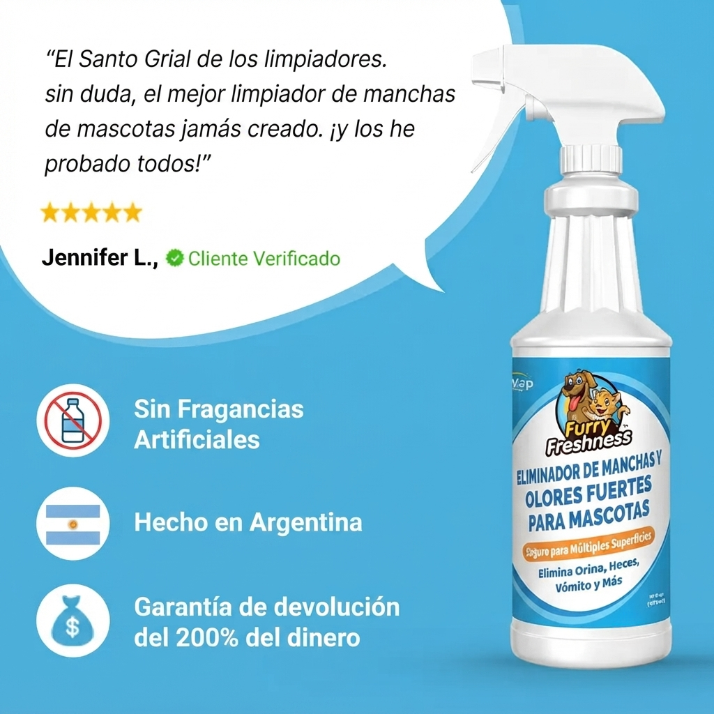 Eliminador de manchas y olores fuertes para mascotas con aroma a frescura peluda